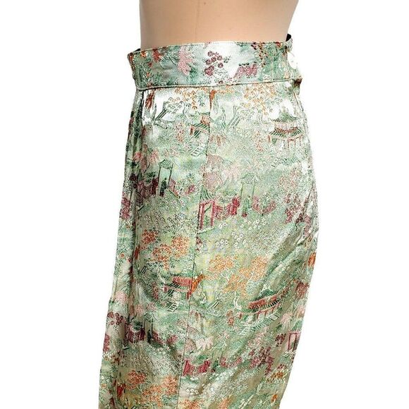 Vintage 70s Cropped Pants 4 Chinese Capri Pedal Pusher Brocade Green - Picture 8 of 10